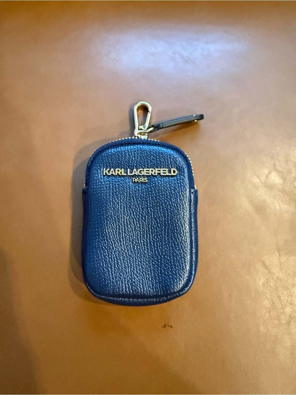 Karl Lagerfeld Navy Blue Pebbled Leather Key & Card Pouch with Gold Logo